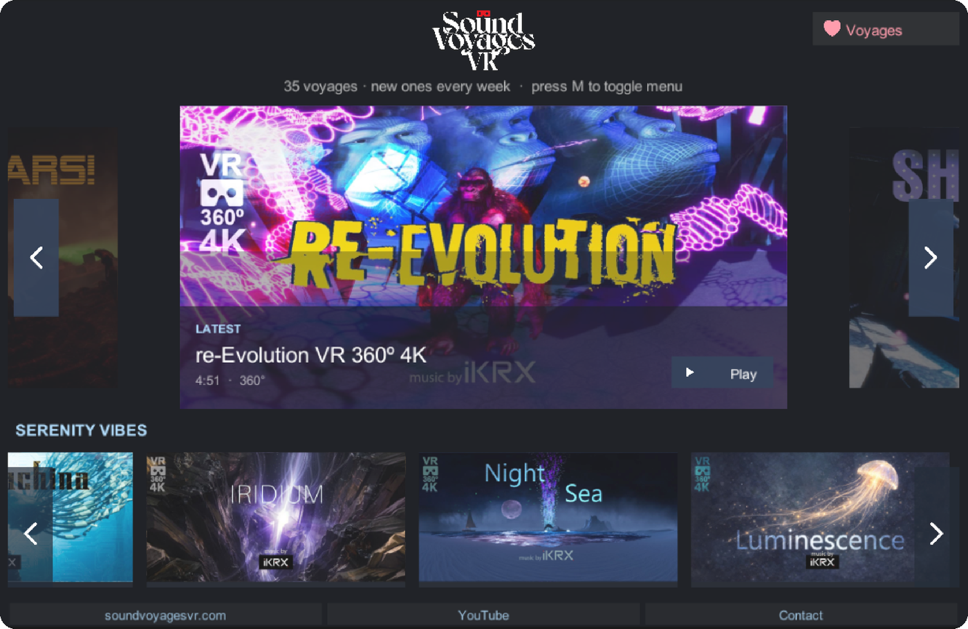 The Sound Voyages VR app menu on Meta Quest: shelves of 360 music voyages, with the latest release featured
